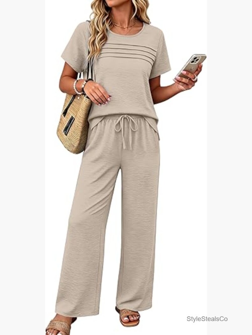 2 Piece Lounge Set Linen Look Tops & Wide Leg Pants Pockets